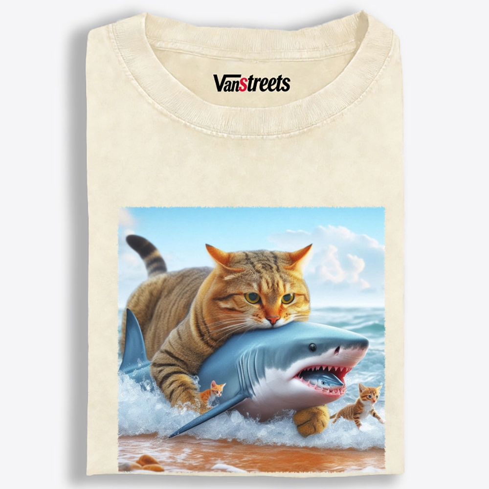 Cat Riding Shark · Ocean Boss Retro Washed T-Shirt | 100% Cotton | Streetwear Essential