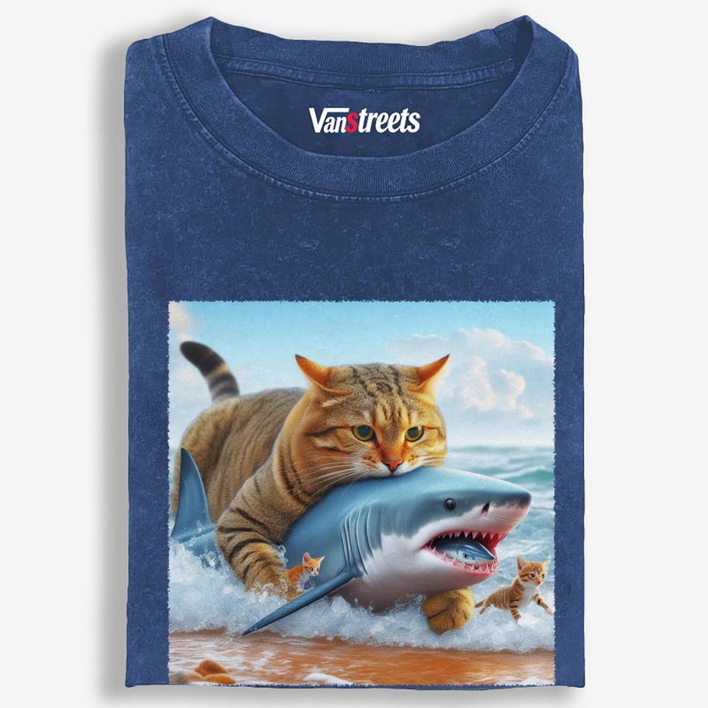 Cat Riding Shark · Ocean Boss Retro Washed T-Shirt | 100% Cotton | Streetwear Essential