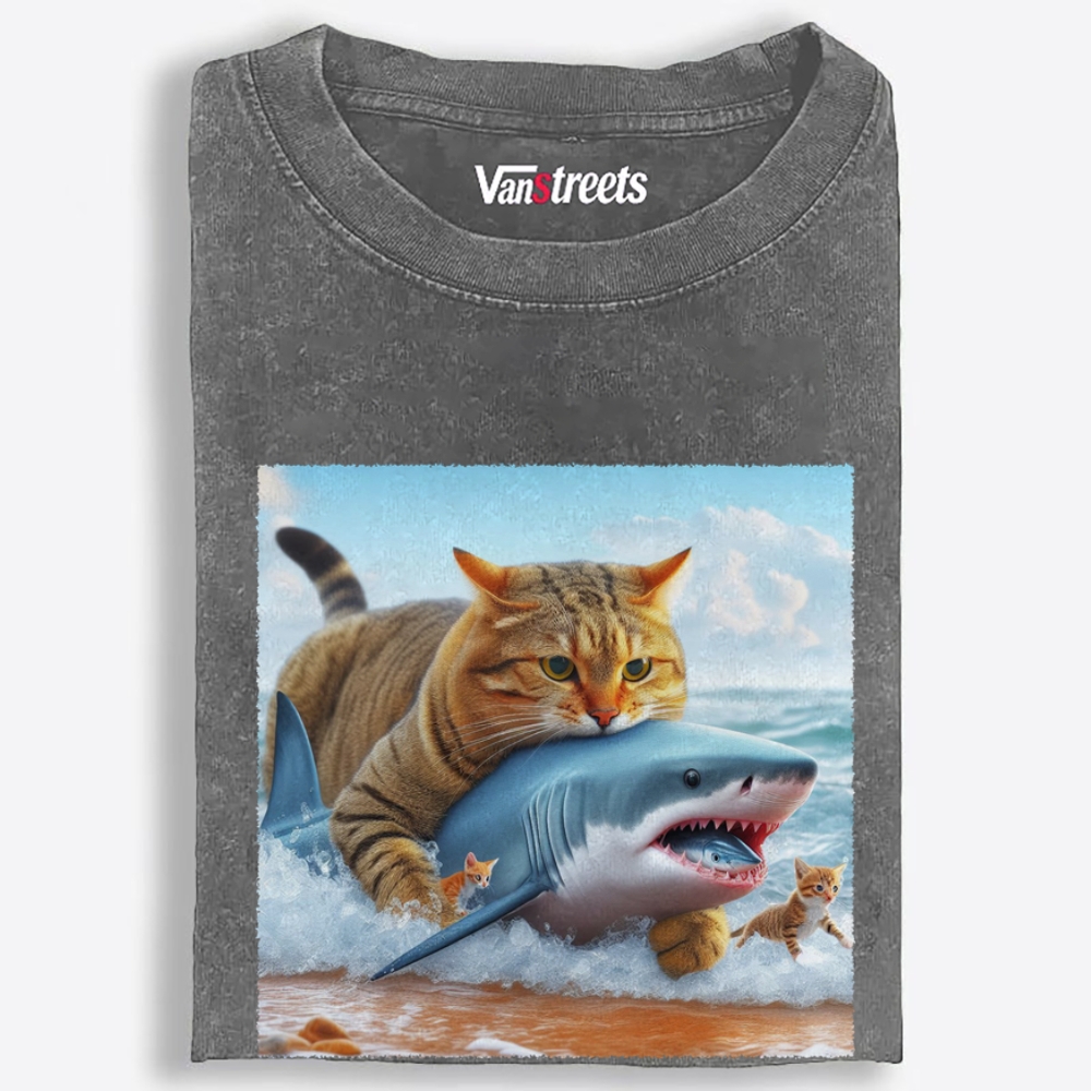 Cat Riding Shark · Ocean Boss Retro Washed T-Shirt | 100% Cotton | Streetwear Essential