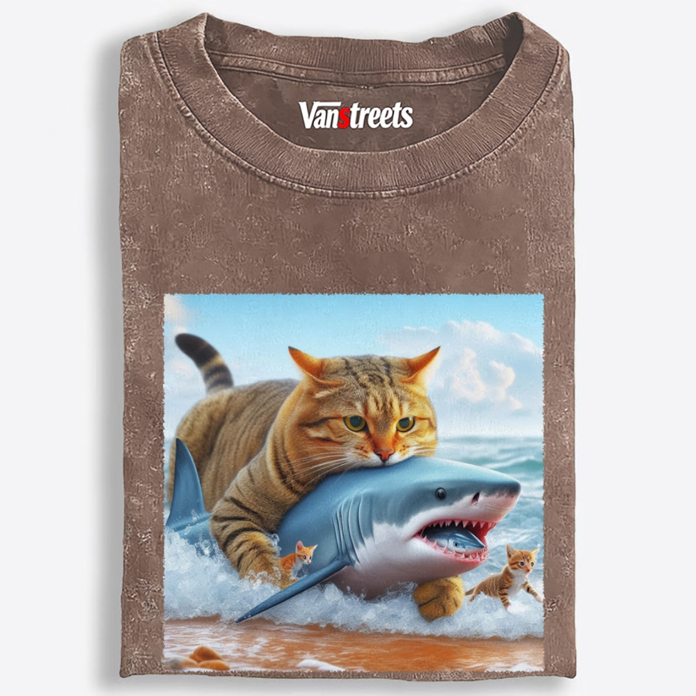 Cat Riding Shark · Ocean Boss Retro Washed T-Shirt | 100% Cotton | Streetwear Essential