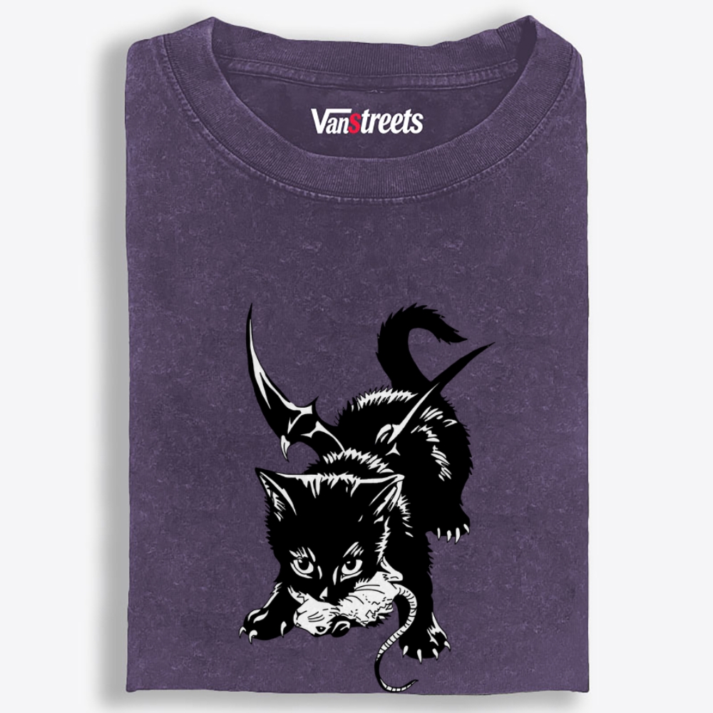 Demon Cat Retro Washed T-Shirt | 100% Cotton | Streetwear Essential