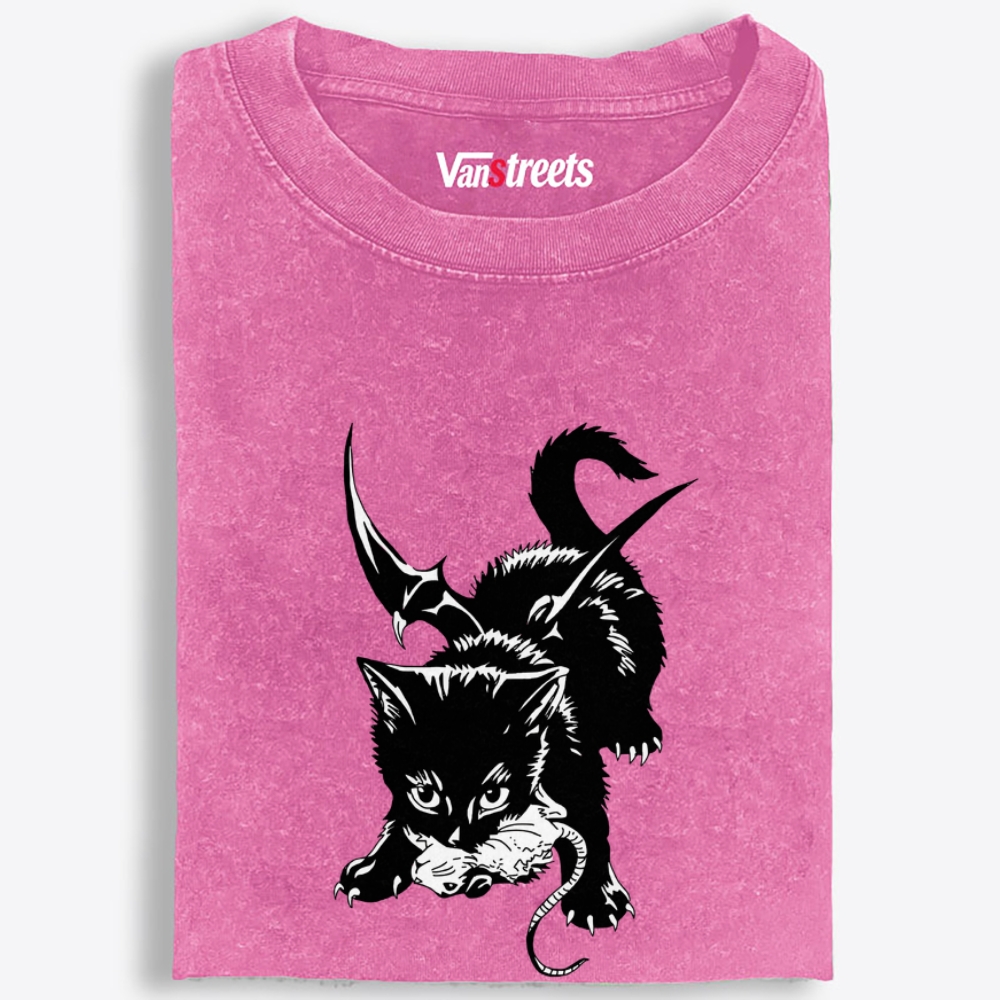 Demon Cat Retro Washed T-Shirt | 100% Cotton | Streetwear Essential