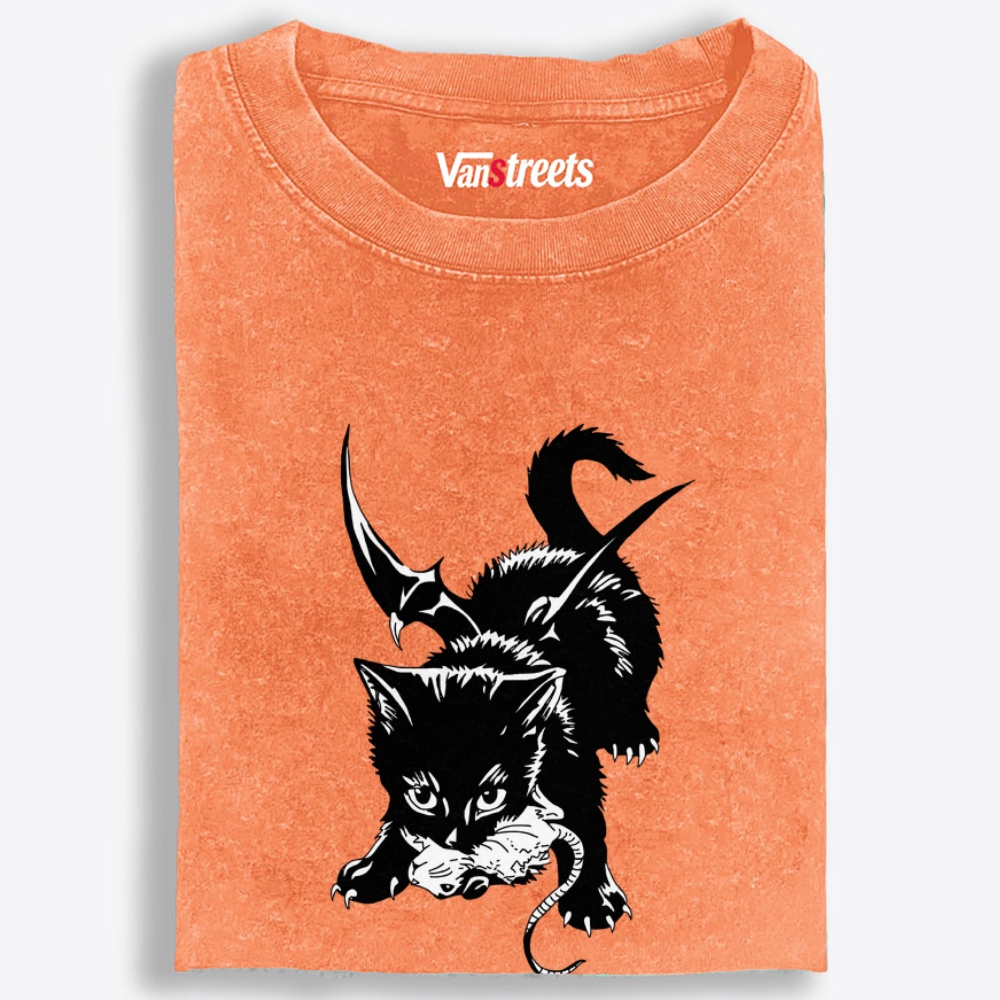 Demon Cat Retro Washed T-Shirt | 100% Cotton | Streetwear Essential