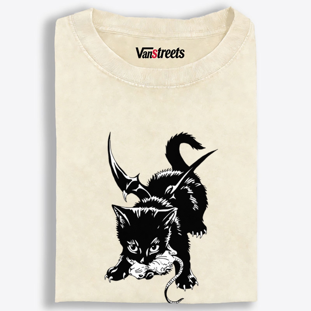Demon Cat Retro Washed T-Shirt | 100% Cotton | Streetwear Essential