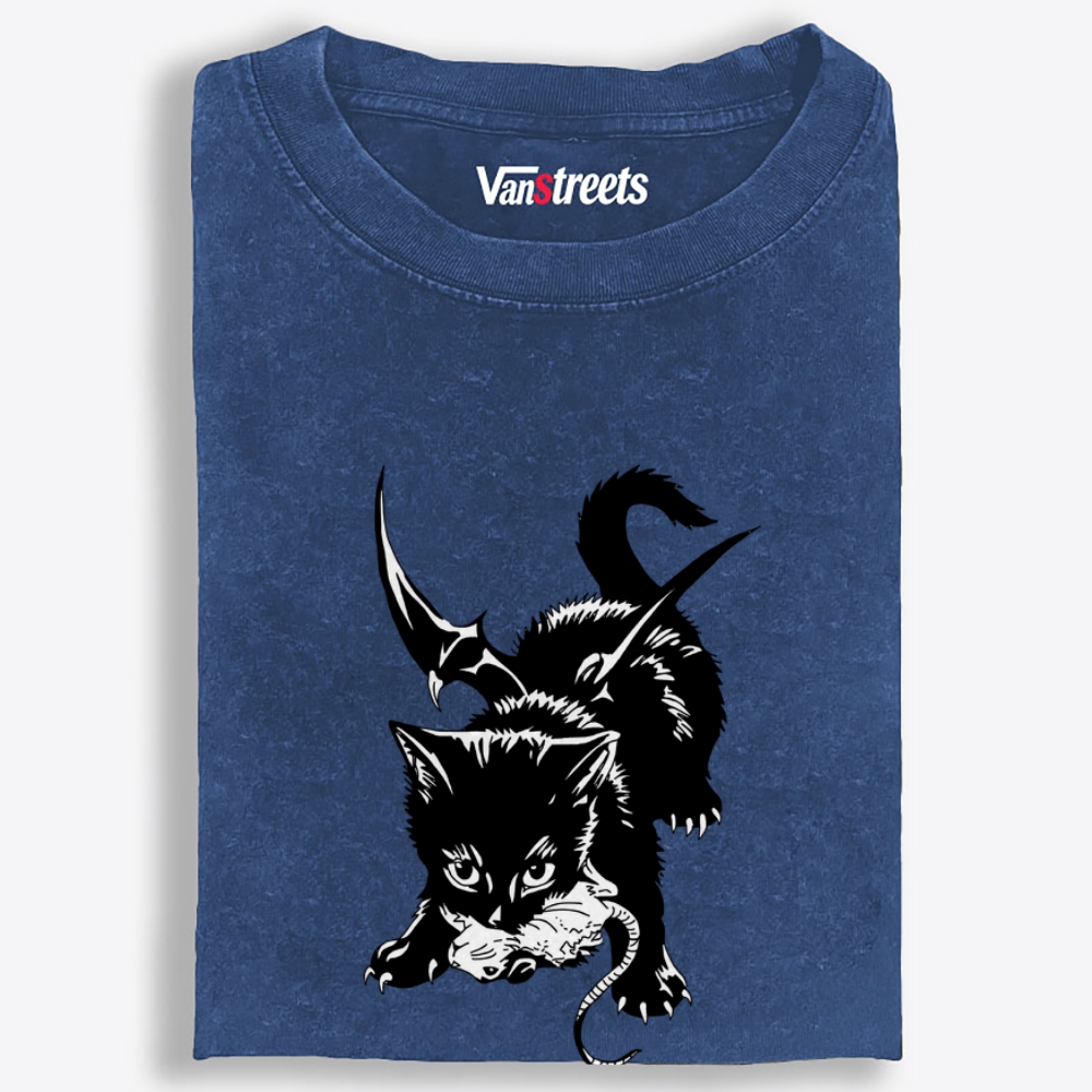 Demon Cat Retro Washed T-Shirt | 100% Cotton | Streetwear Essential