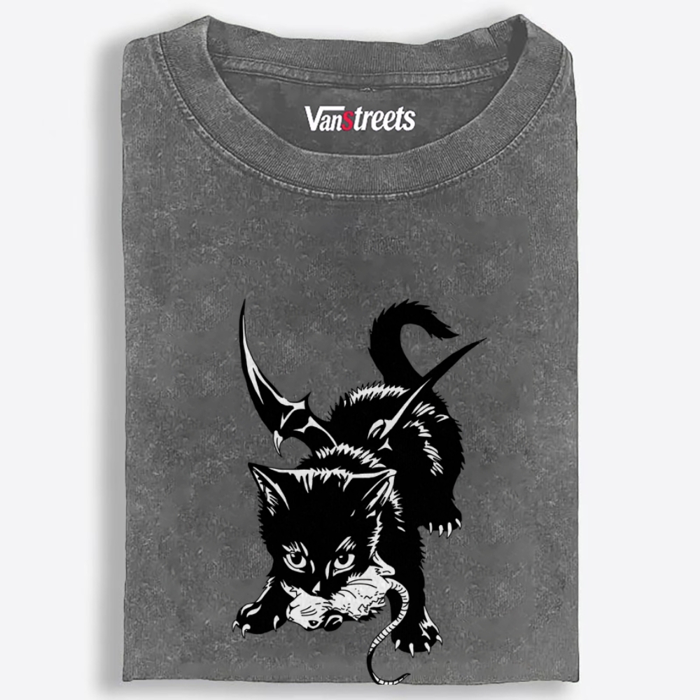 Demon Cat Retro Washed T-Shirt | 100% Cotton | Streetwear Essential