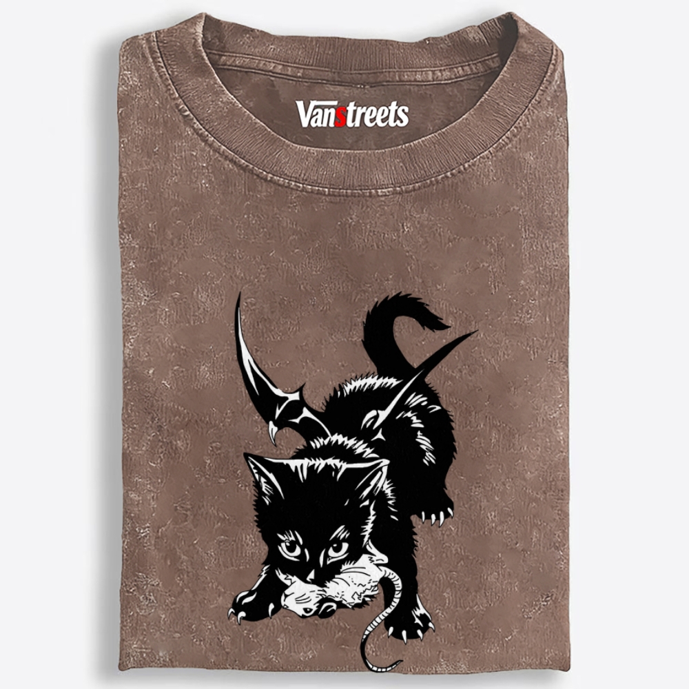 Demon Cat Retro Washed T-Shirt | 100% Cotton | Streetwear Essential