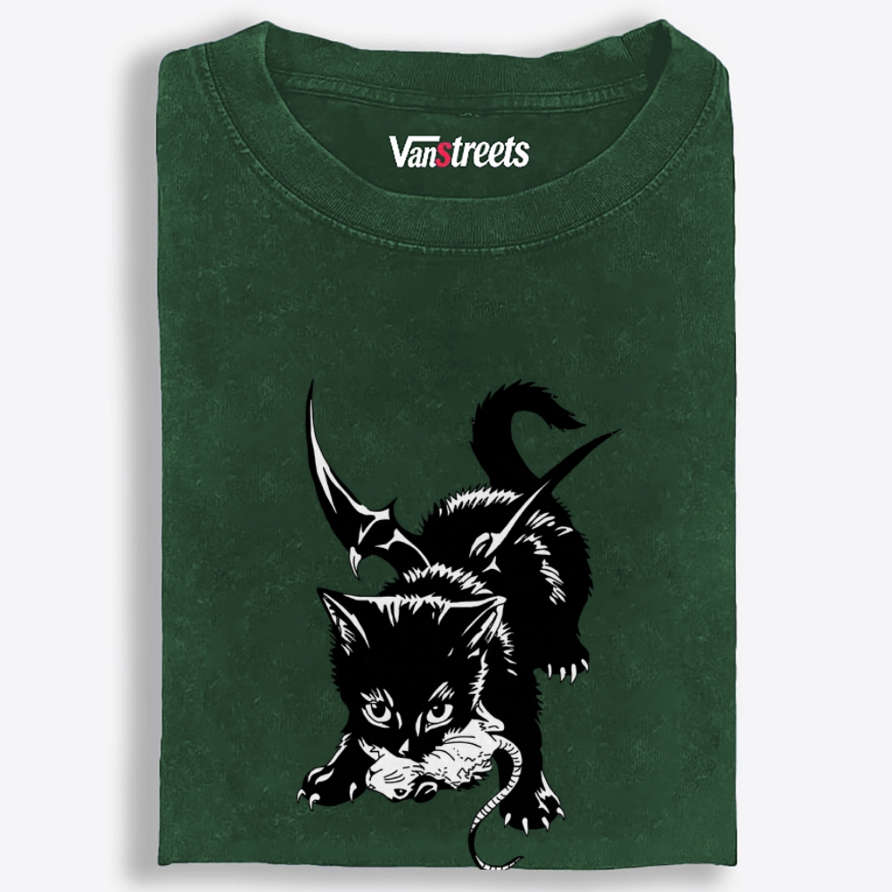 Demon Cat Retro Washed T-Shirt | 100% Cotton | Streetwear Essential