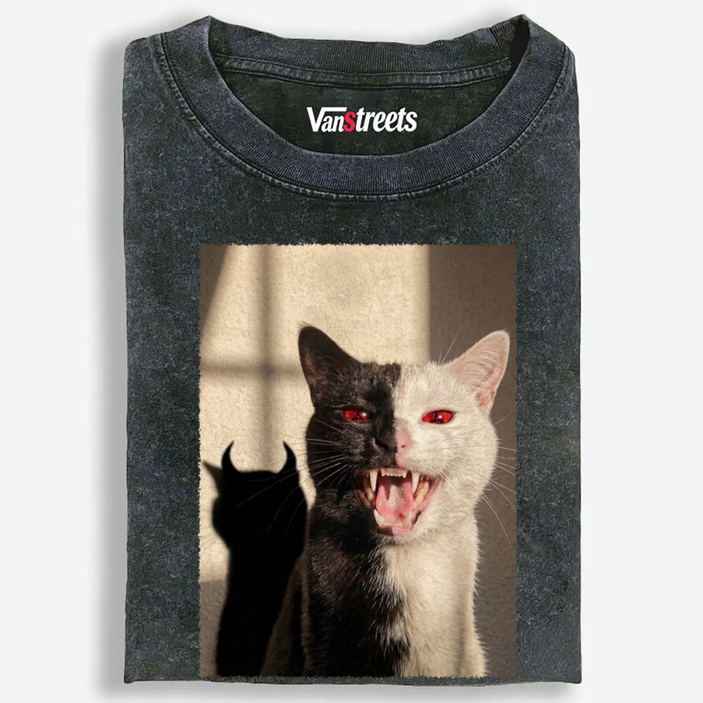 Two-Faced Cat Retro Washed T-Shirt | 100% Cotton | Streetwear Essential