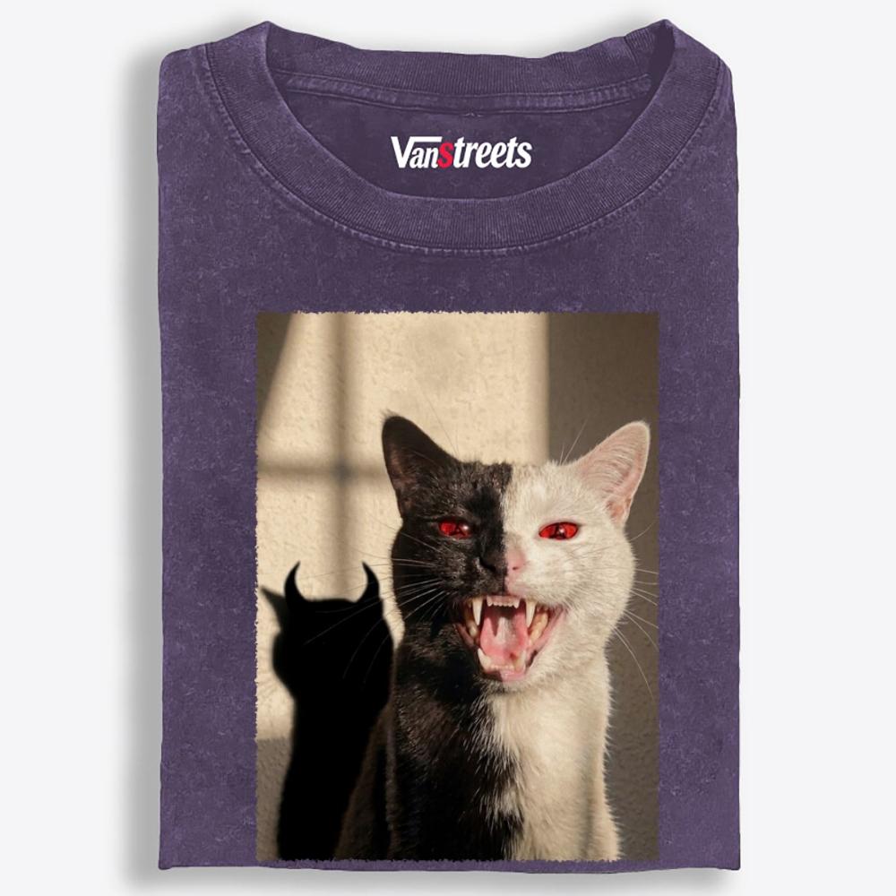 Two-Faced Cat Retro Washed T-Shirt | 100% Cotton | Streetwear Essential