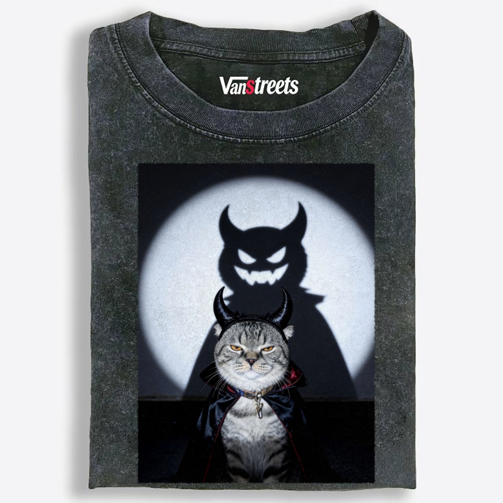 Moonlit Demon Cat Retro Washed T-Shirt | 100% Cotton | Streetwear Essential