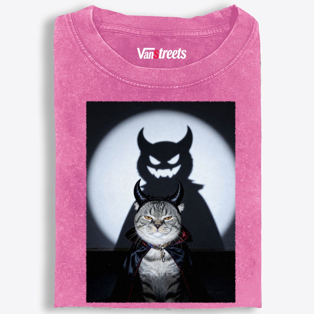 Moonlit Demon Cat Retro Washed T-Shirt | 100% Cotton | Streetwear Essential