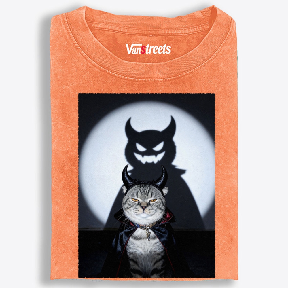 Moonlit Demon Cat Retro Washed T-Shirt | 100% Cotton | Streetwear Essential