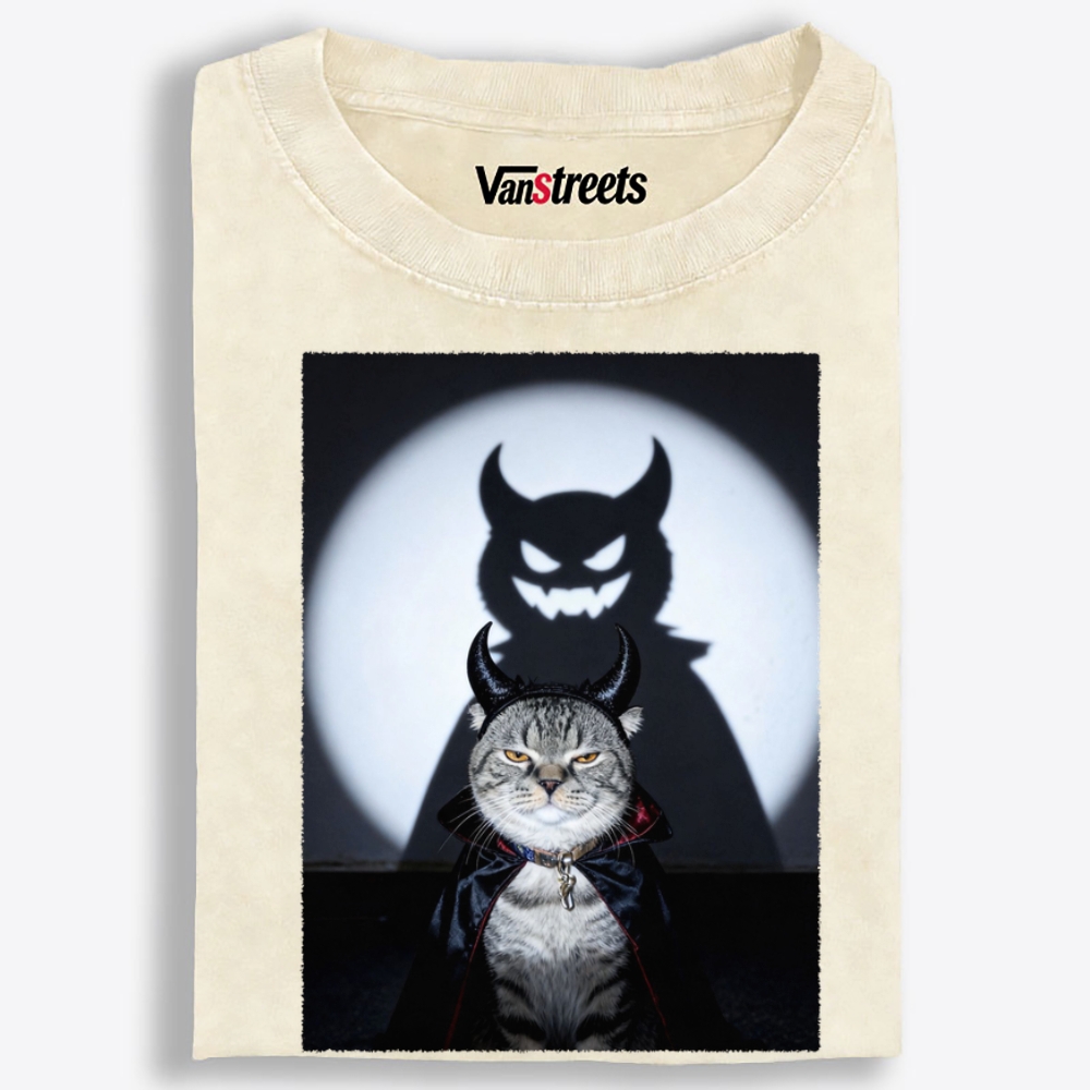 Moonlit Demon Cat Retro Washed T-Shirt | 100% Cotton | Streetwear Essential