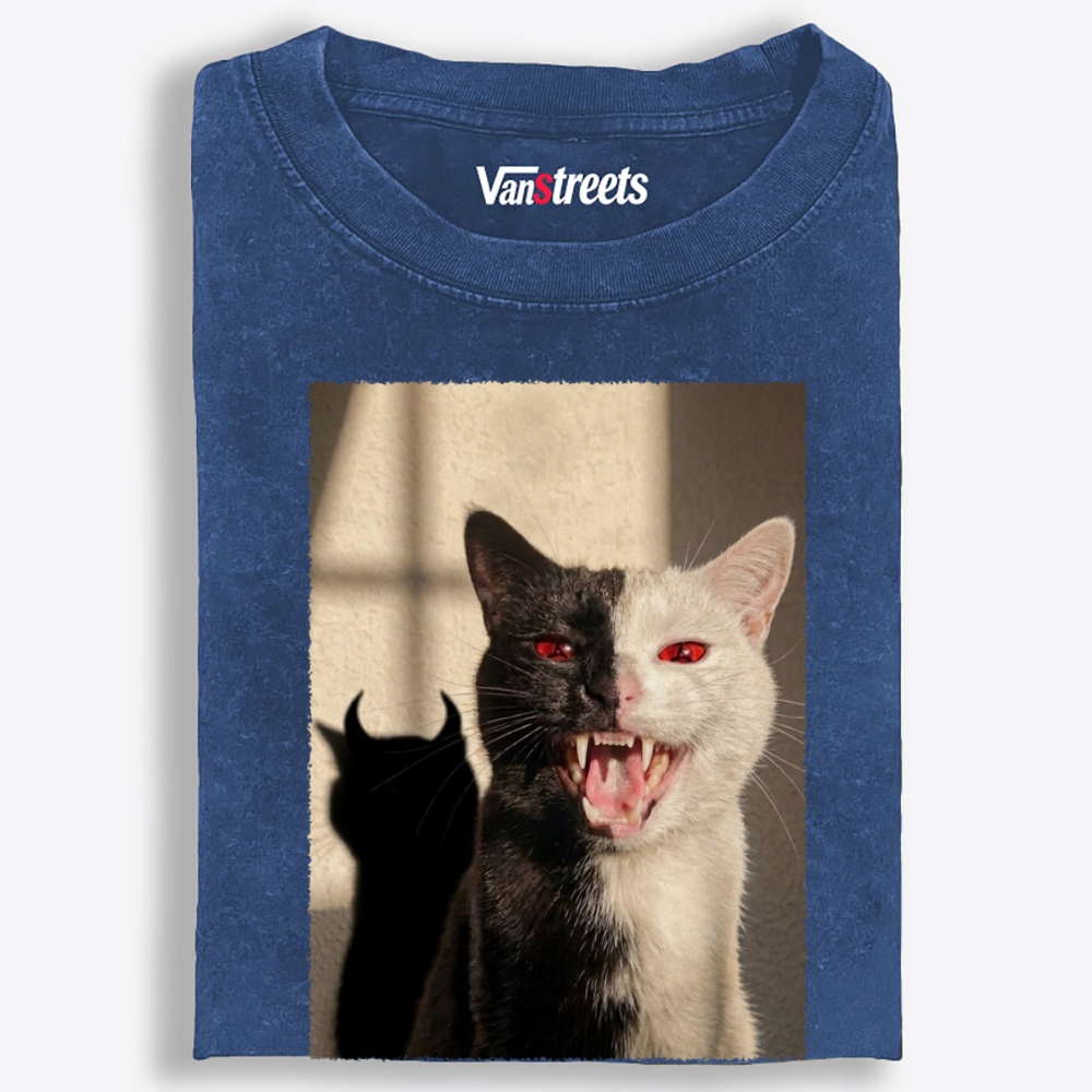Two-Faced Cat Retro Washed T-Shirt | 100% Cotton | Streetwear Essential