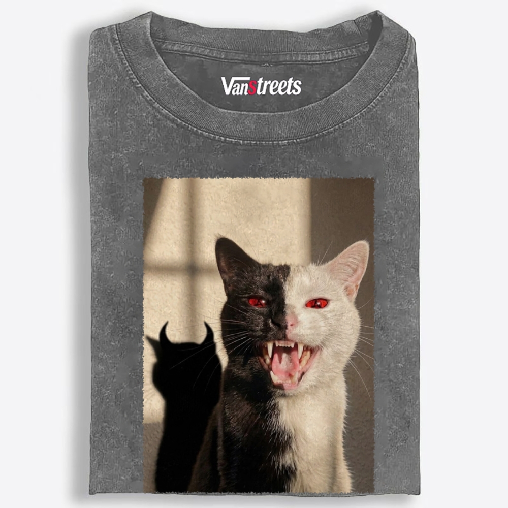 Two-Faced Cat Retro Washed T-Shirt | 100% Cotton | Streetwear Essential