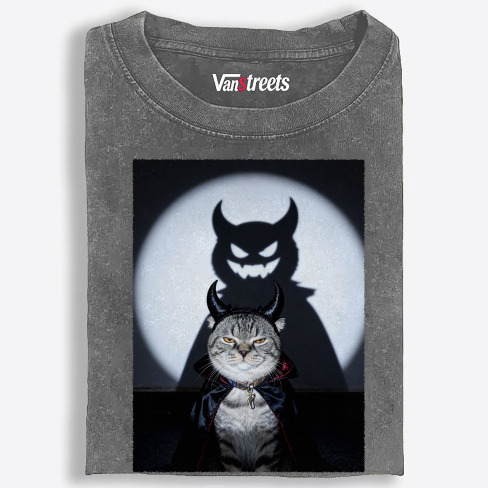 Moonlit Demon Cat Retro Washed T-Shirt | 100% Cotton | Streetwear Essential