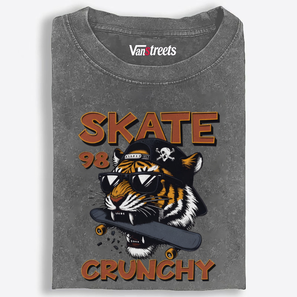 Skate Crunchy Tiger Retro Washed T-Shirt | 100% Cotton | Streetwear Essential