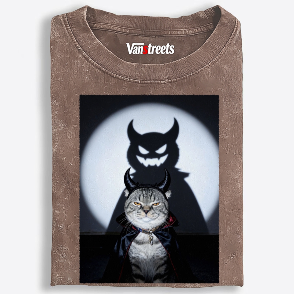 Moonlit Demon Cat Retro Washed T-Shirt | 100% Cotton | Streetwear Essential