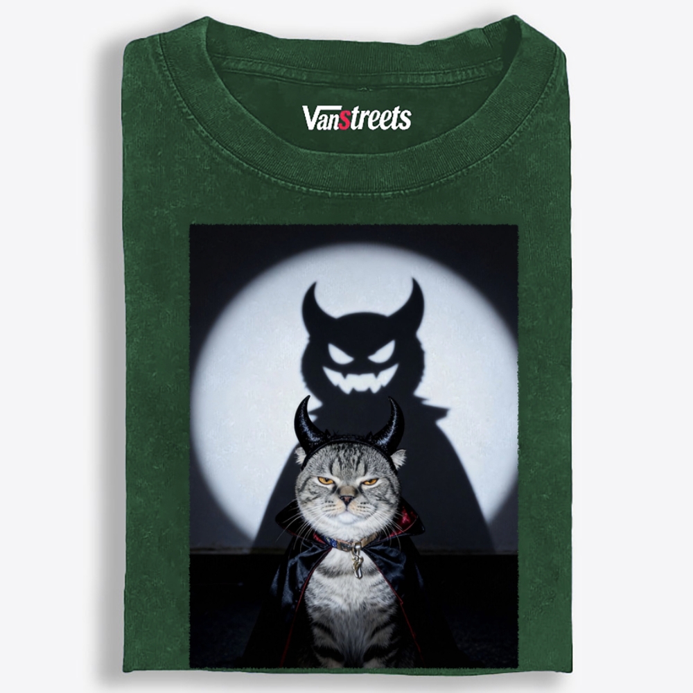 Moonlit Demon Cat Retro Washed T-Shirt | 100% Cotton | Streetwear Essential