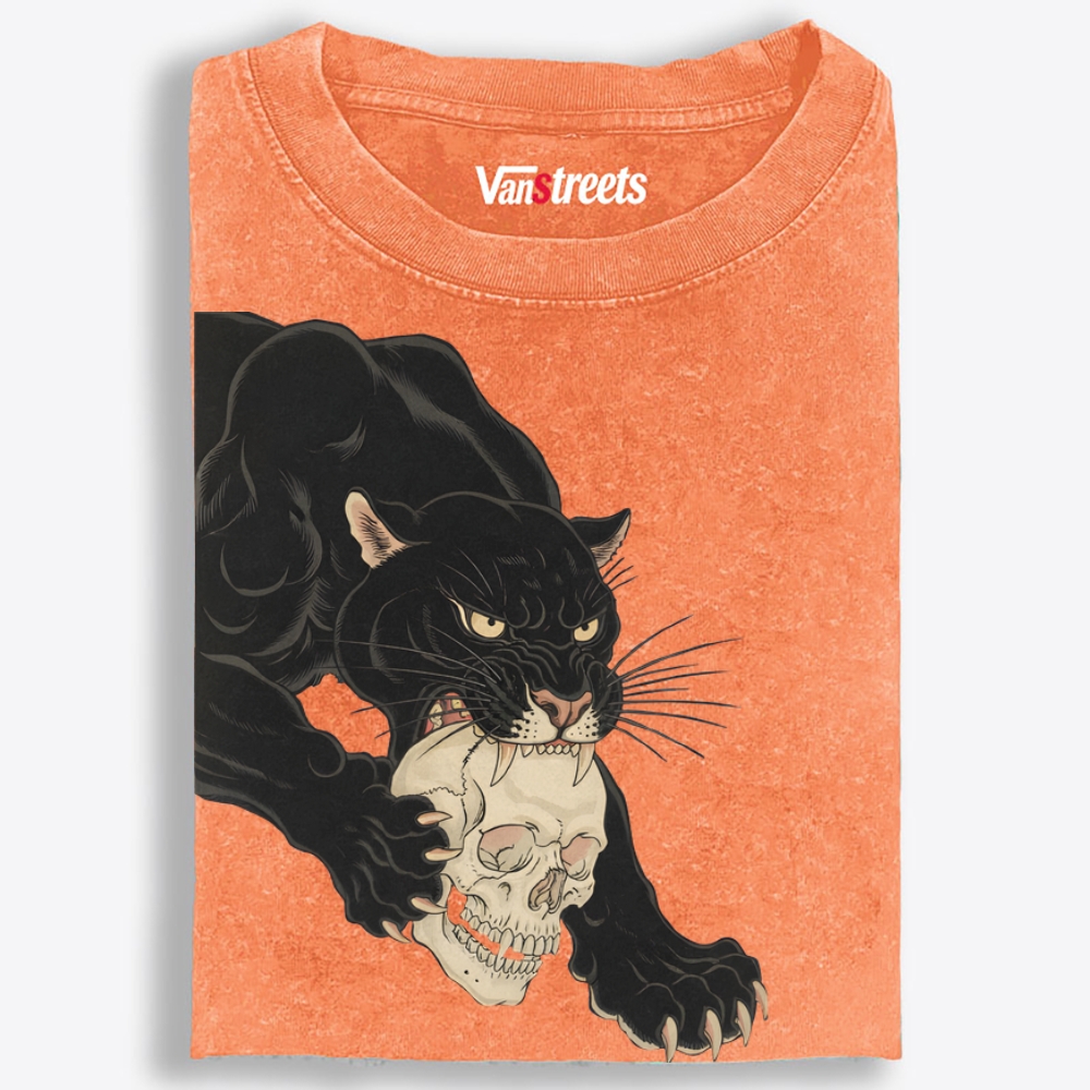 Black Panther Skull Retro Washed T-Shirt | 100% Cotton | Streetwear Essential