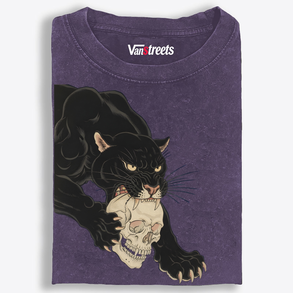 Black Panther Skull Retro Washed T-Shirt | 100% Cotton | Streetwear Essential