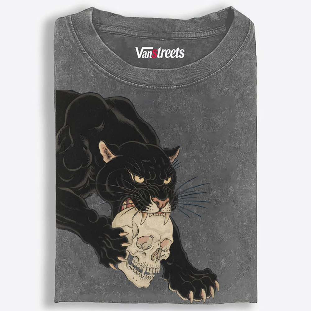 Black Panther Skull Retro Washed T-Shirt | 100% Cotton | Streetwear Essential