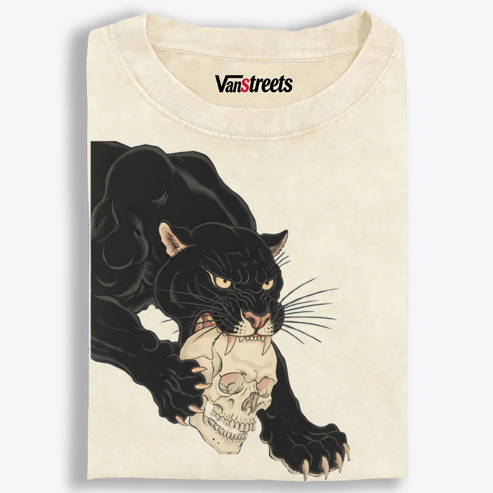Black Panther Skull Retro Washed T-Shirt | 100% Cotton | Streetwear Essential