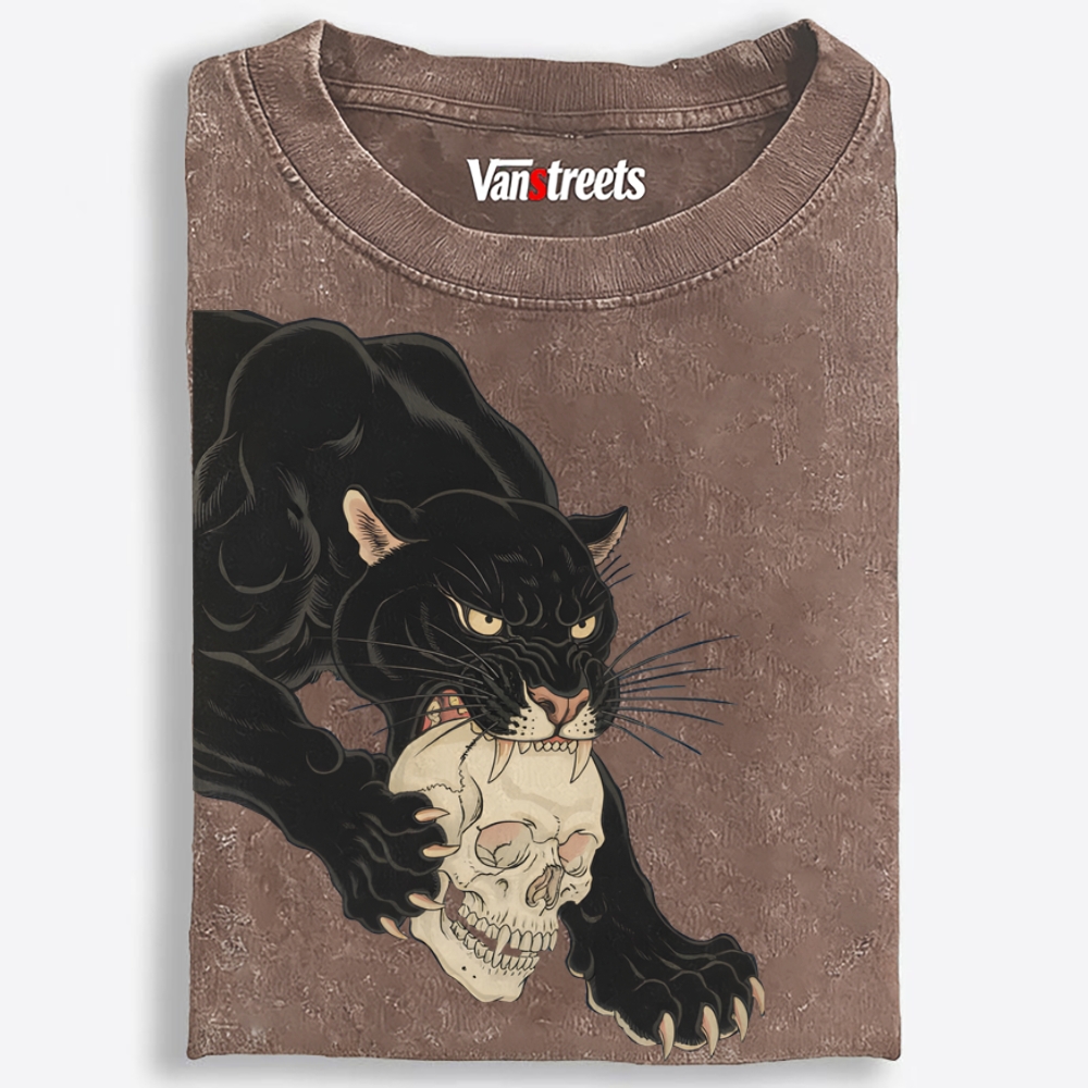 Black Panther Skull Retro Washed T-Shirt | 100% Cotton | Streetwear Essential