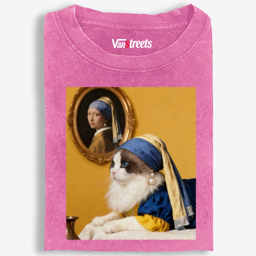 Cat with a Pearl Earring Retro Washed T-Shirt | 100% Cotton | Streetwear Essential