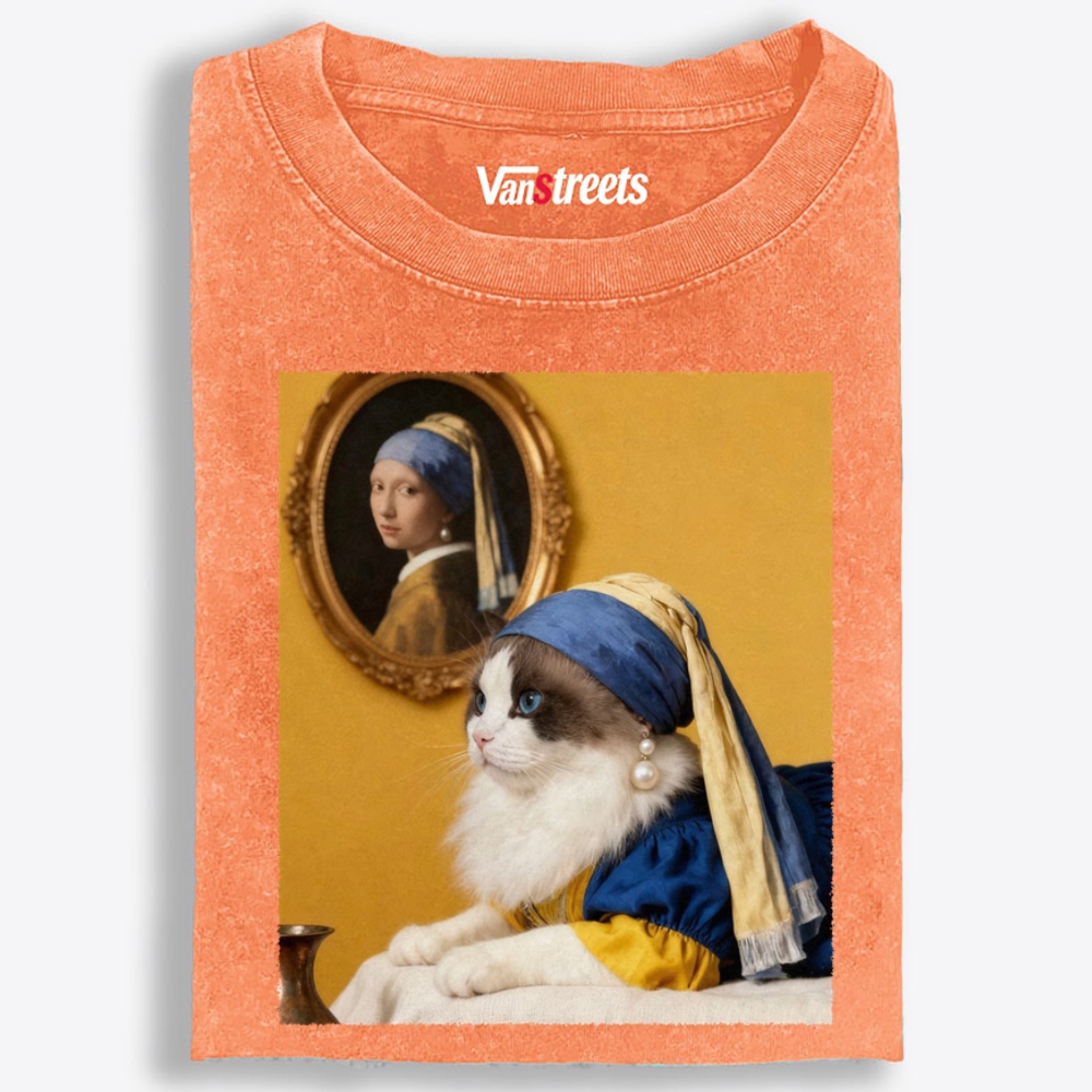 Cat with a Pearl Earring Retro Washed T-Shirt | 100% Cotton | Streetwear Essential