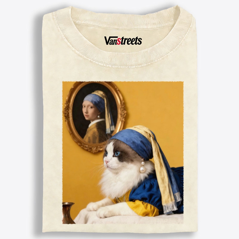 Cat with a Pearl Earring Retro Washed T-Shirt | 100% Cotton | Streetwear Essential