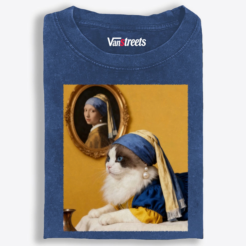 Cat with a Pearl Earring Retro Washed T-Shirt | 100% Cotton | Streetwear Essential