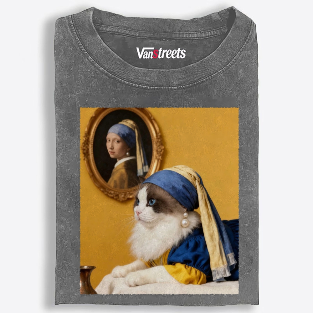 Cat with a Pearl Earring Retro Washed T-Shirt | 100% Cotton | Streetwear Essential