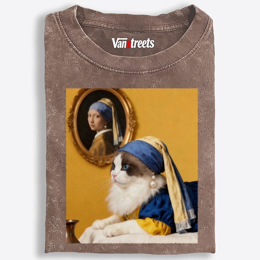 Cat with a Pearl Earring Retro Washed T-Shirt | 100% Cotton | Streetwear Essential