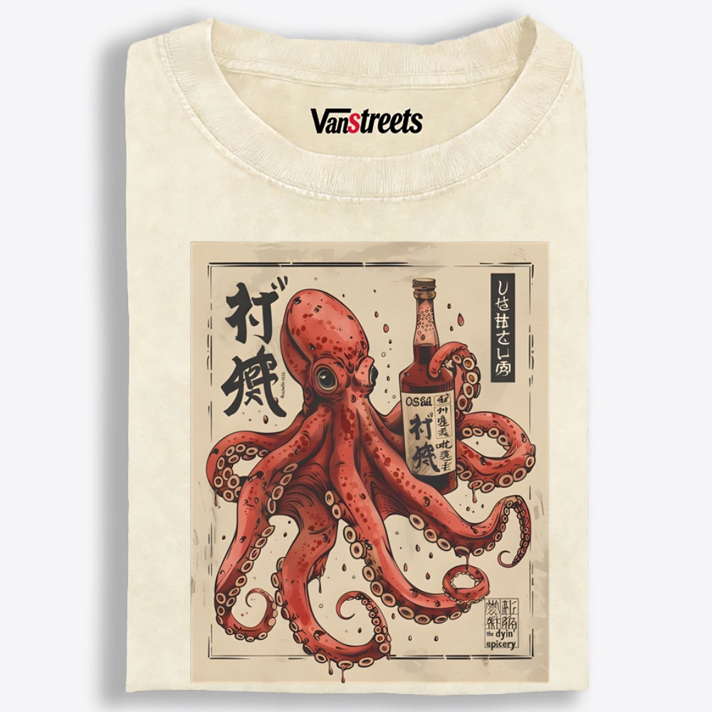 Ukiyo-e Octopus Drinking Sake Retro Washed T-Shirt | 100% Cotton | Streetwear Essential