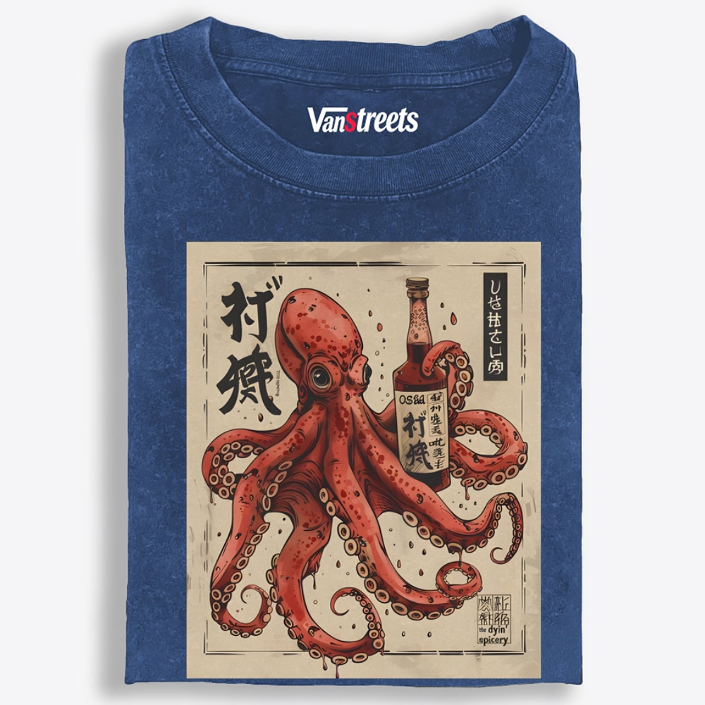 Ukiyo-e Octopus Drinking Sake Retro Washed T-Shirt | 100% Cotton | Streetwear Essential