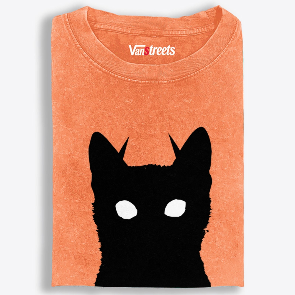 Black Cat Silhouette Retro Washed T-Shirt | 100% Cotton | Streetwear Essential