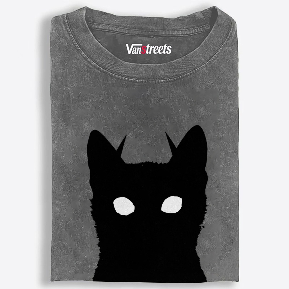 Black Cat Silhouette Retro Washed T-Shirt | 100% Cotton | Streetwear Essential