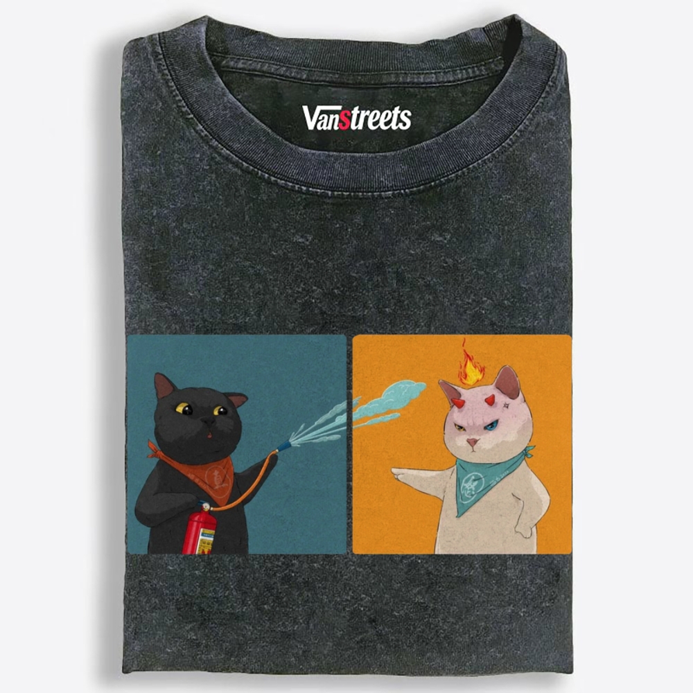 Water & Fire Cats Retro Washed T-Shirt | 100% Cotton | Streetwear Essential