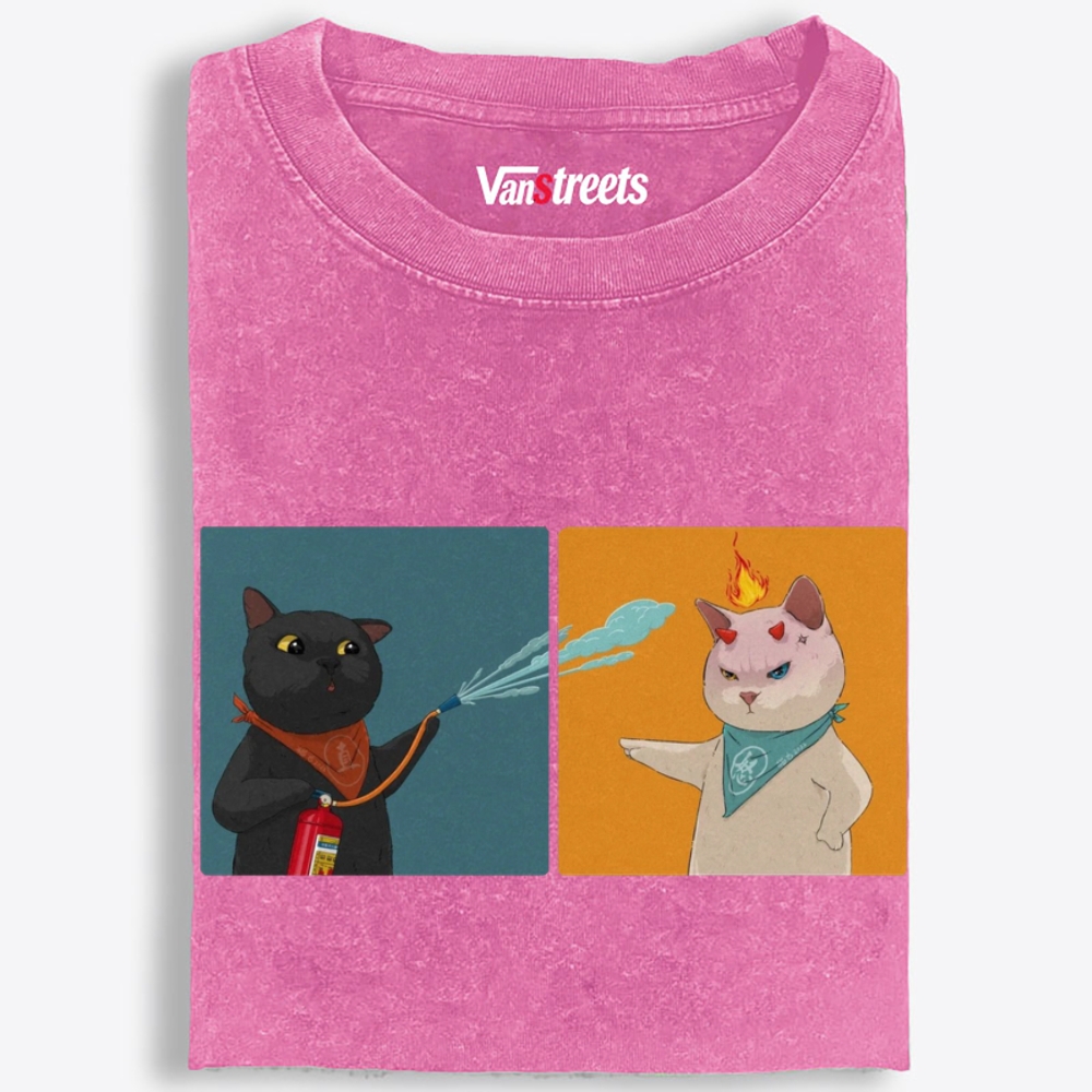 Water & Fire Cats Retro Washed T-Shirt | 100% Cotton | Streetwear Essential