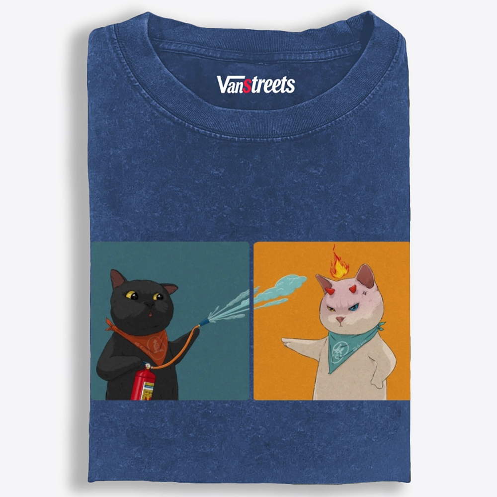 Water & Fire Cats Retro Washed T-Shirt | 100% Cotton | Streetwear Essential