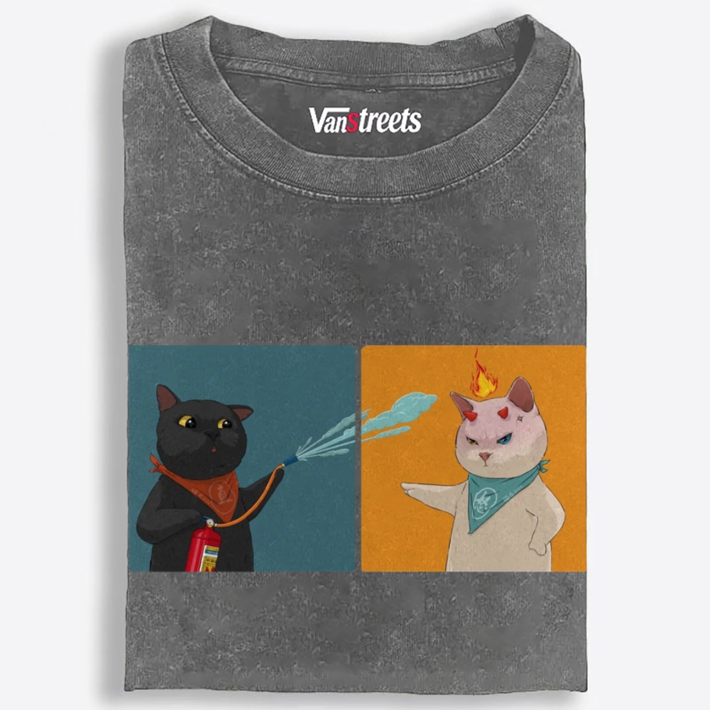 Water & Fire Cats Retro Washed T-Shirt | 100% Cotton | Streetwear Essential