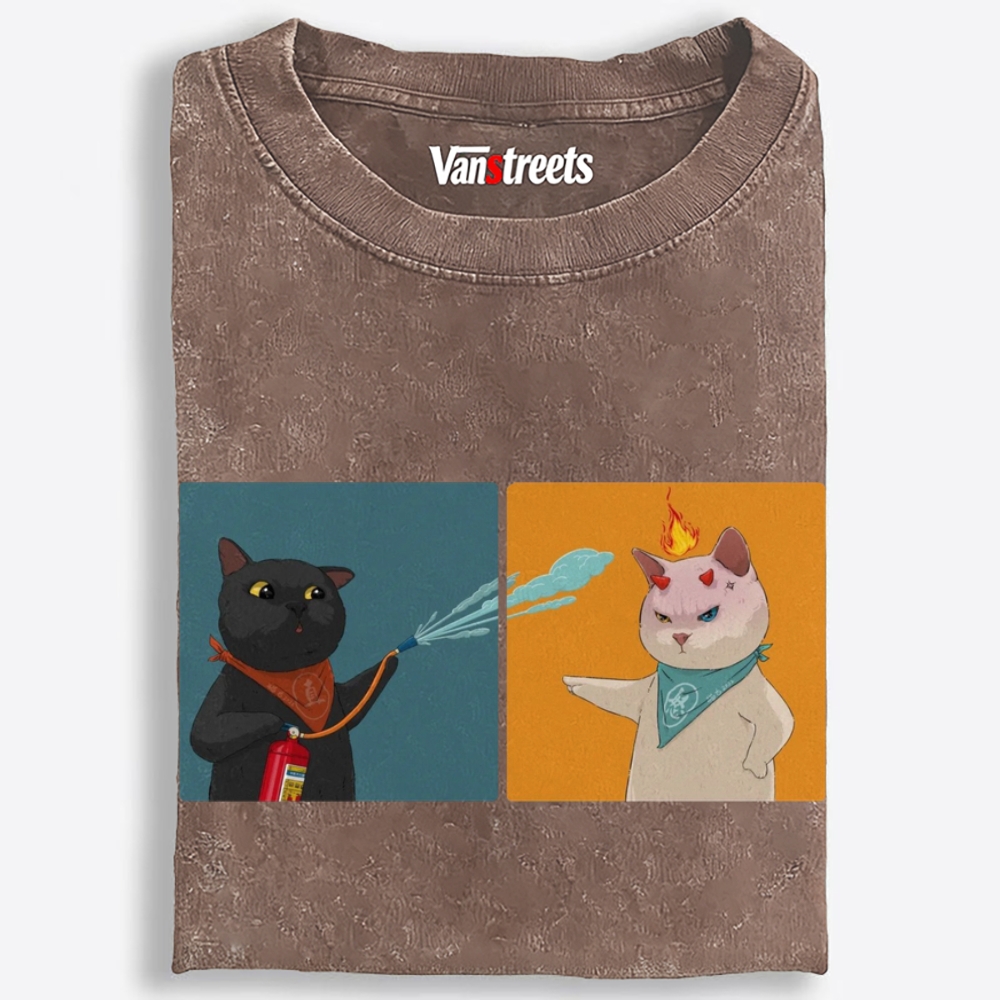 Water & Fire Cats Retro Washed T-Shirt | 100% Cotton | Streetwear Essential