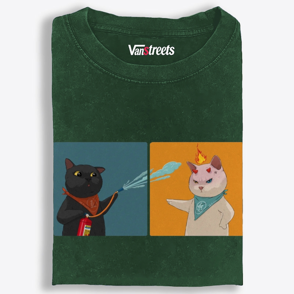 Water & Fire Cats Retro Washed T-Shirt | 100% Cotton | Streetwear Essential