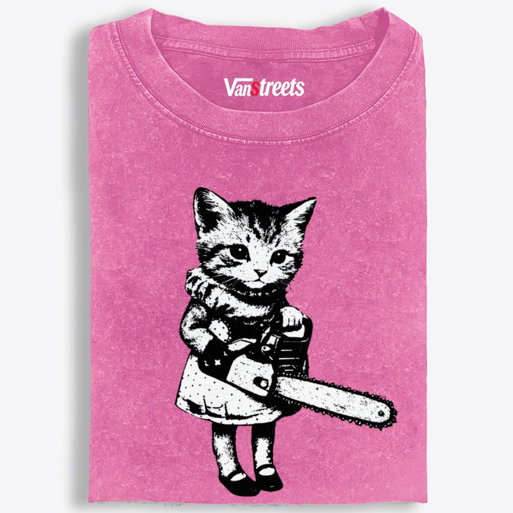 Chainsaw Kitten Retro Washed T-Shirt | 100% Cotton | Streetwear Essential