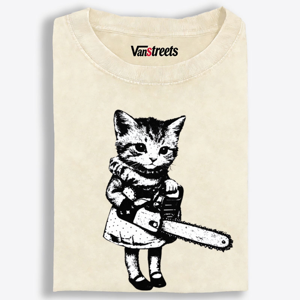 Chainsaw Kitten Retro Washed T-Shirt | 100% Cotton | Streetwear Essential