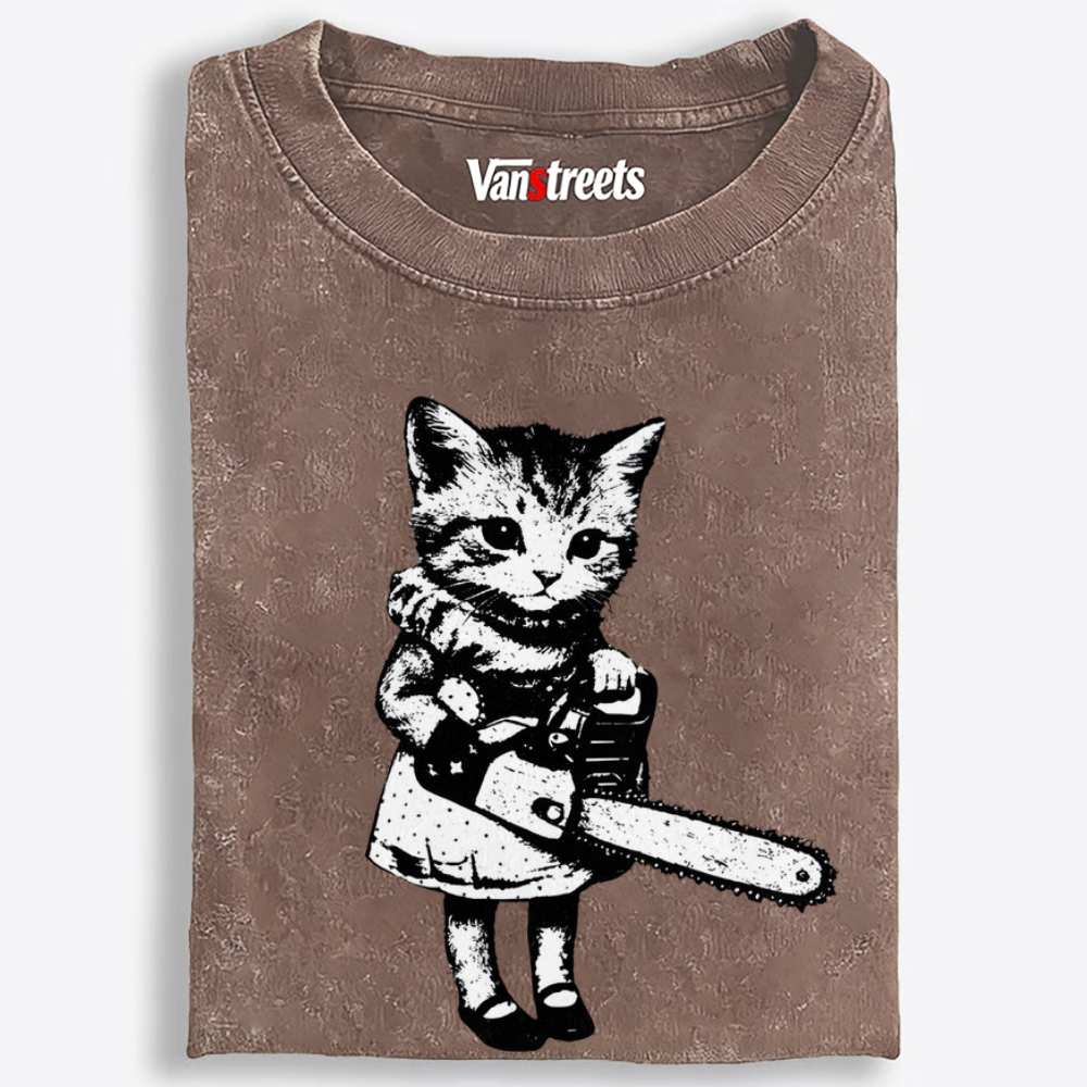 Chainsaw Kitten Retro Washed T-Shirt | 100% Cotton | Streetwear Essential