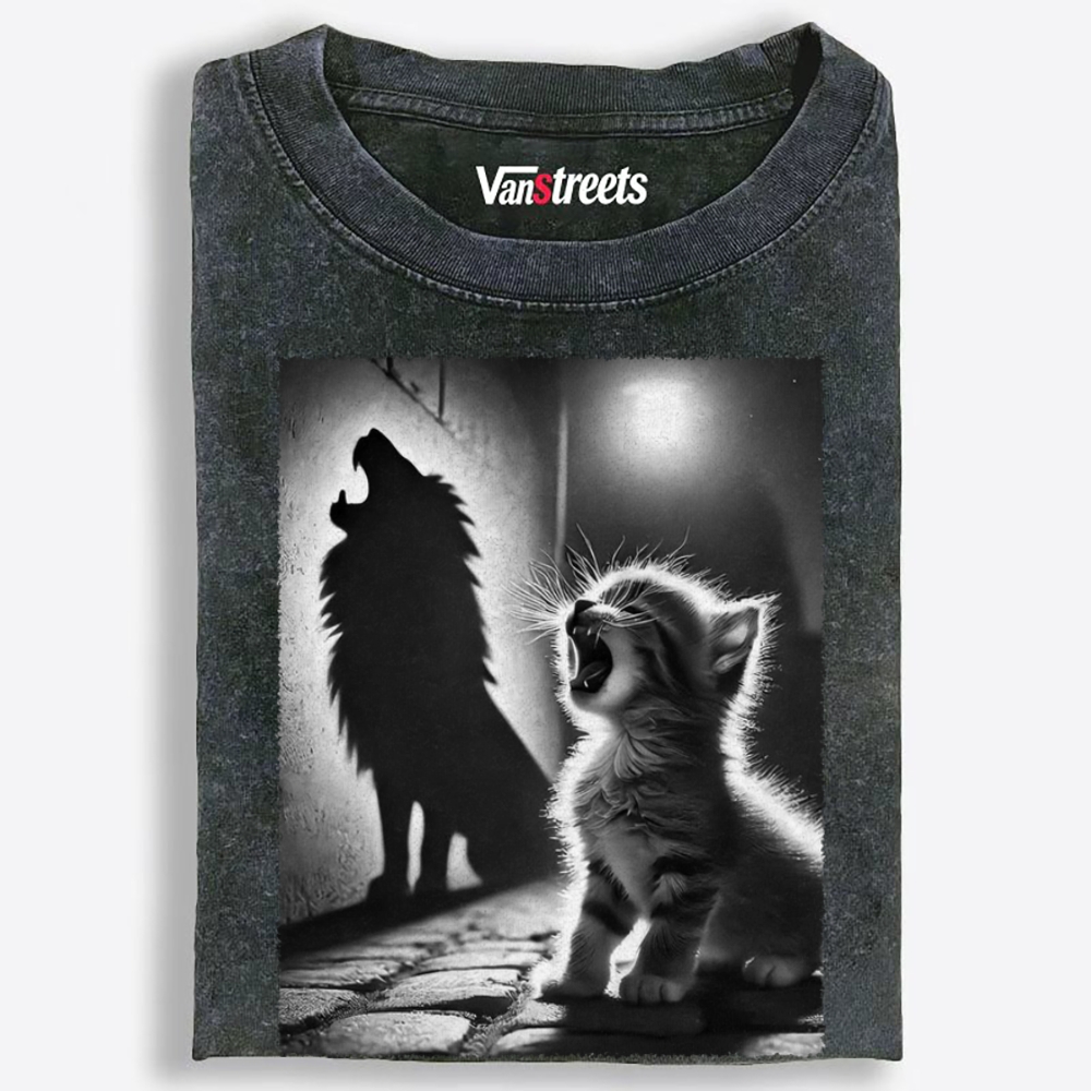 Kitten Wolf Shadow Retro Washed T-Shirt | 100% Cotton | Streetwear Essential
