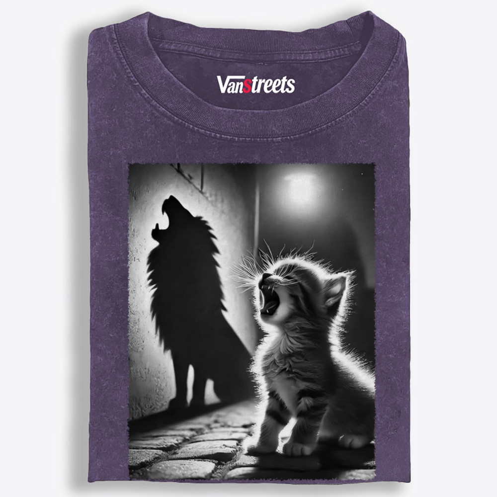 Kitten Wolf Shadow Retro Washed T-Shirt | 100% Cotton | Streetwear Essential